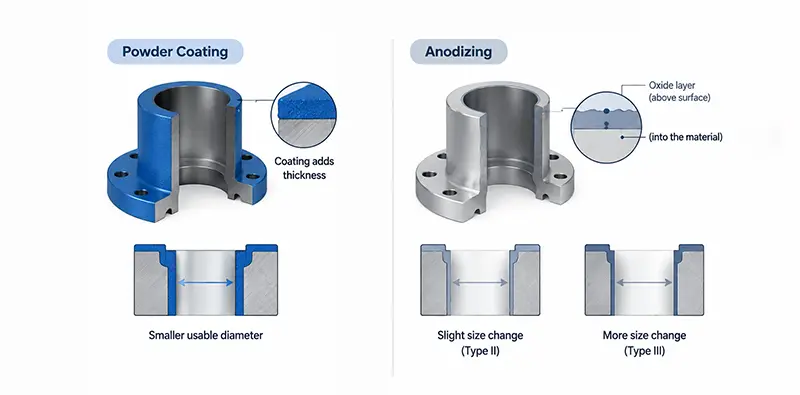 Powder coating vs anodising effects on CNC part tolerances, showing coating thickness and bore size changes