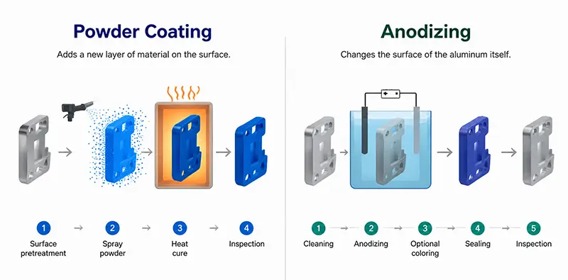 Powder coating vs anodizing process comparison showing surface pretreatment, coating, curing, anodizing, sealing and inspection steps